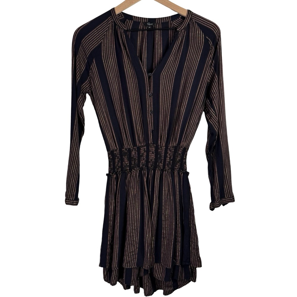 Rails Navy Rose Gold Metallic Stripe Smocked Waist Mini Dress XS - Picture 3 of 8